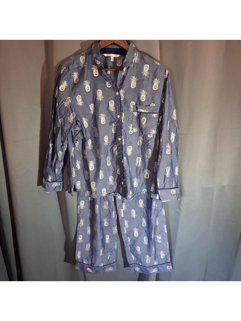 Blue Pineapple Print Pajama Set with Button-Up Shirt and Drawstring Pants
